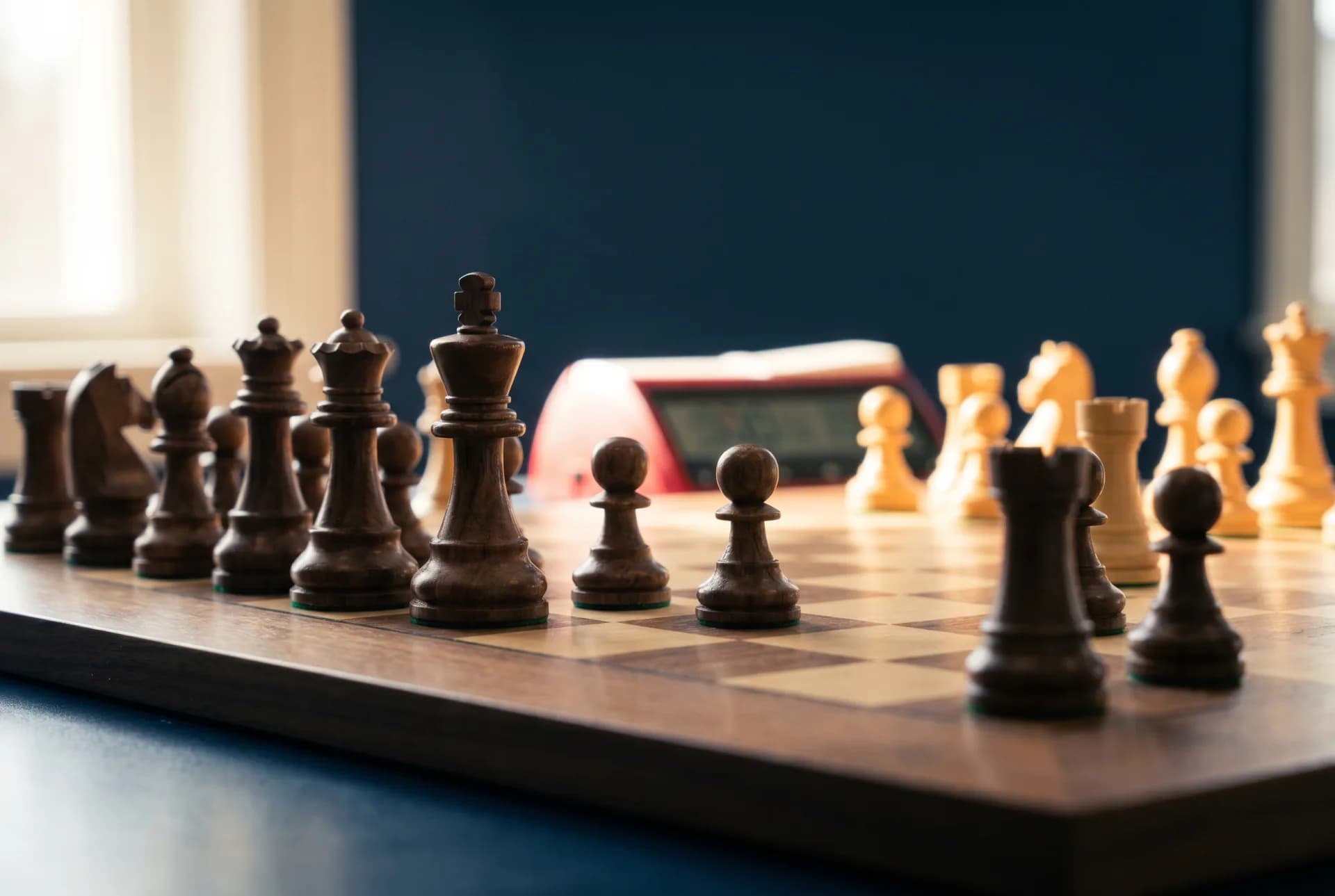 Wooden chess pieces mid-game beside a chess clock in a navy-walled classroom