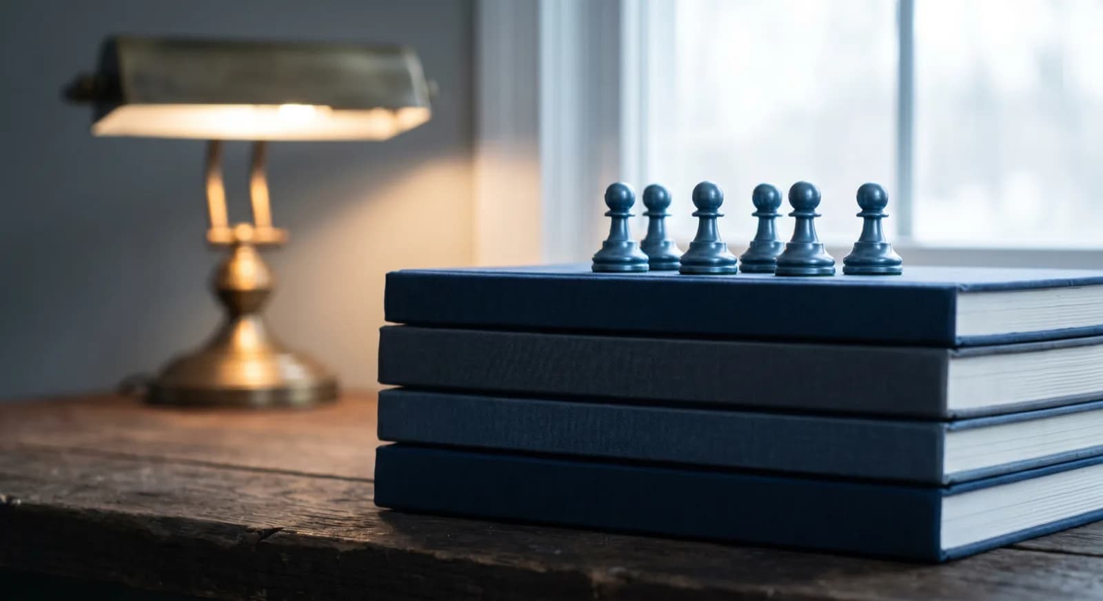 Row of chess pawns standing on a stack of ledger notebooks