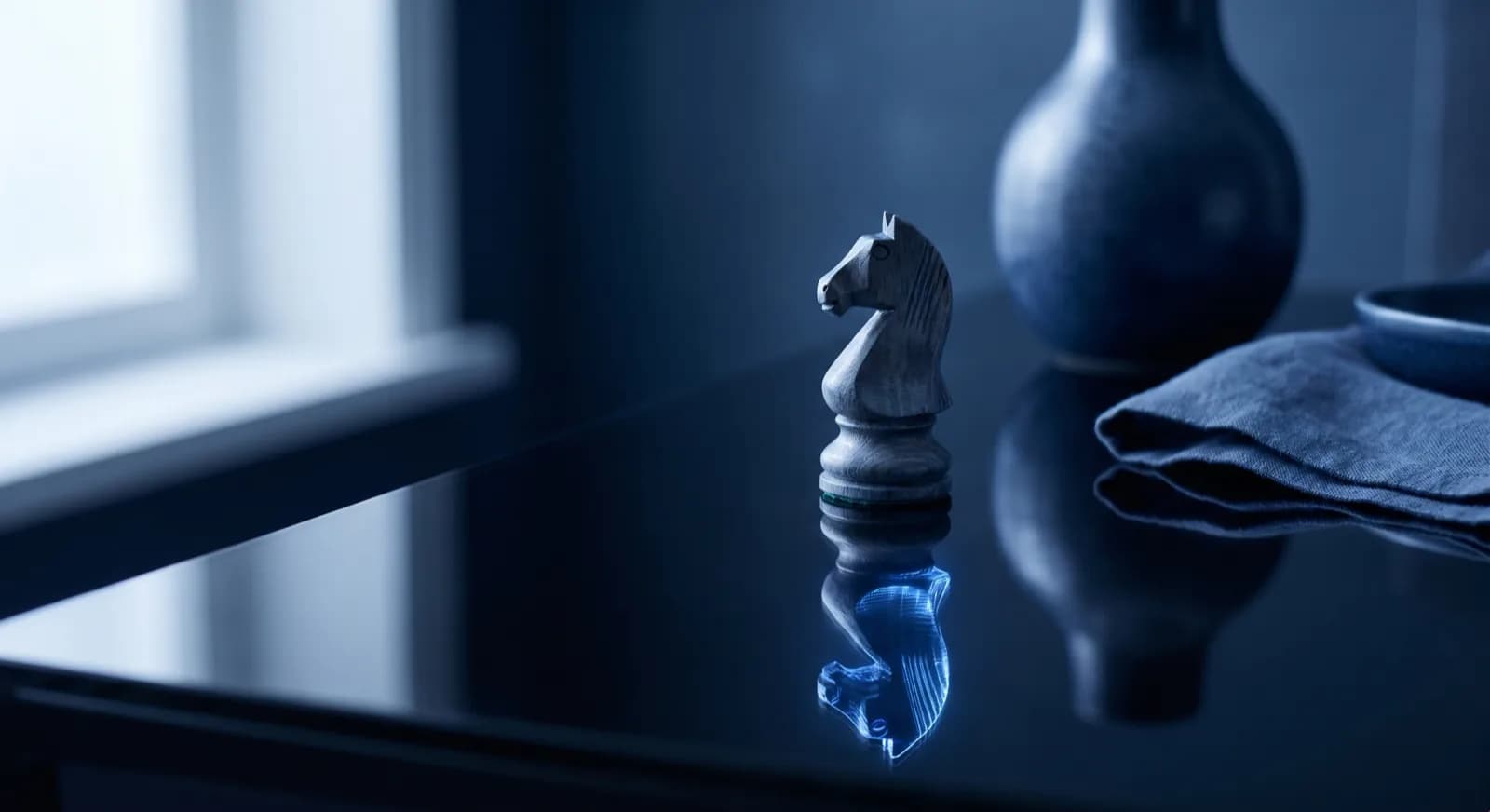 A wooden chess knight with a glowing blue reflection in a black mirror surface
