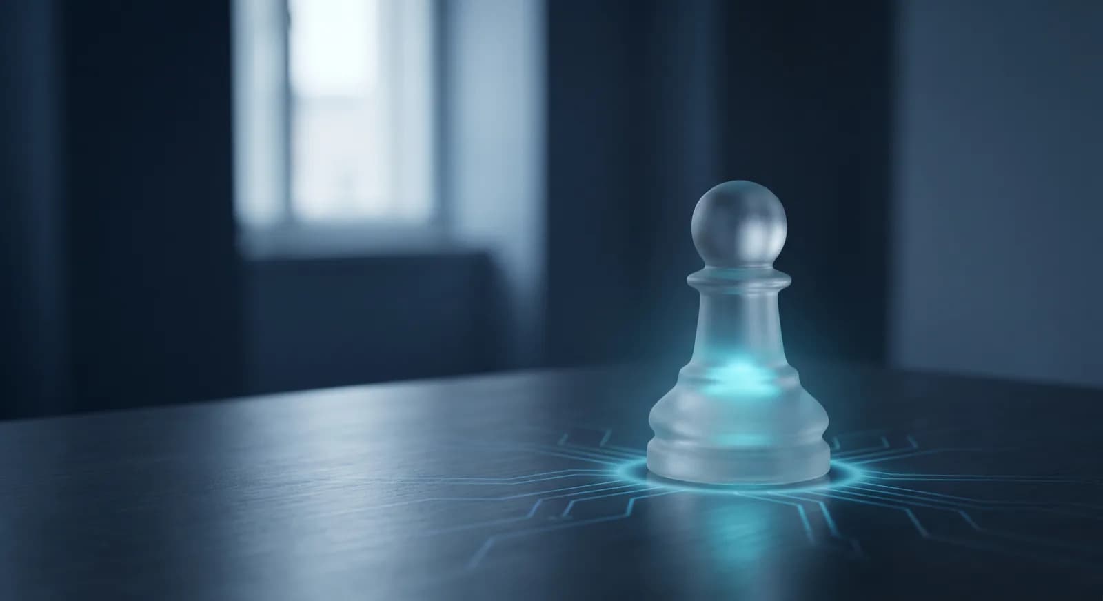 A frosted glass chess pawn glowing cyan from within on a dark surface