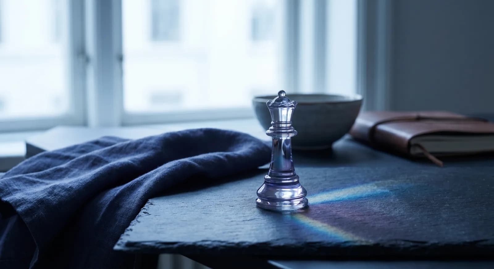 A crystal chess queen splitting blue light into a spectrum on a dark desk