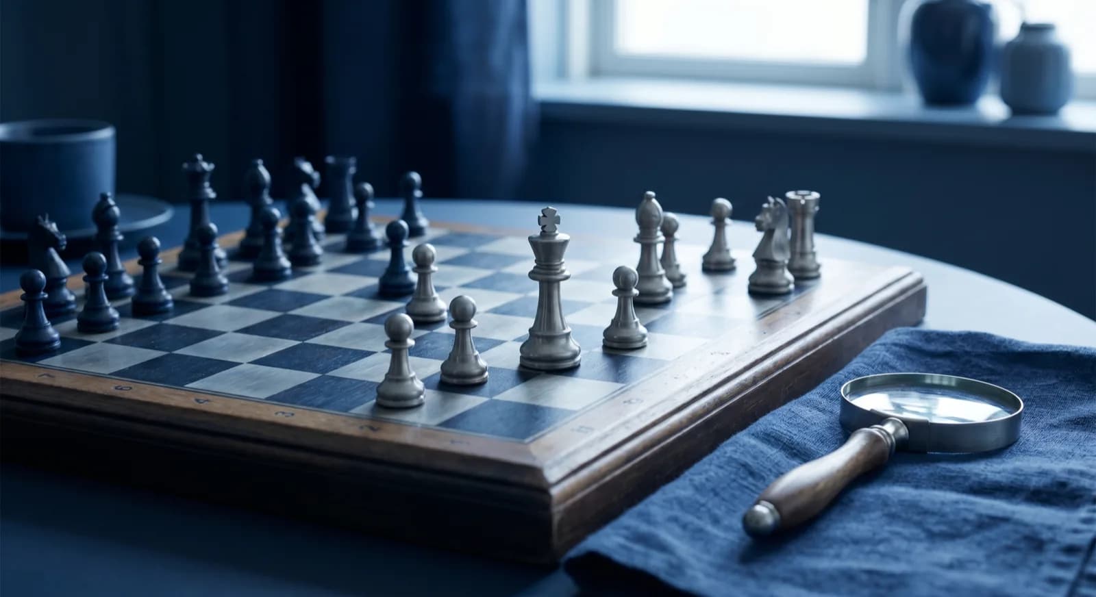 A glass chess knight and pawn beside a child's practice board under soft daylight