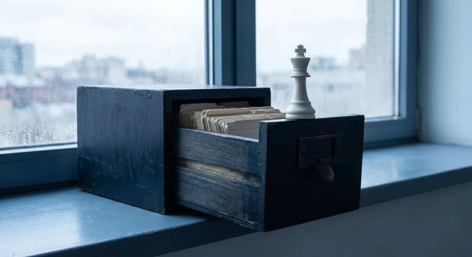A glassy chess pawn beside a school scoreboard under cool studio light