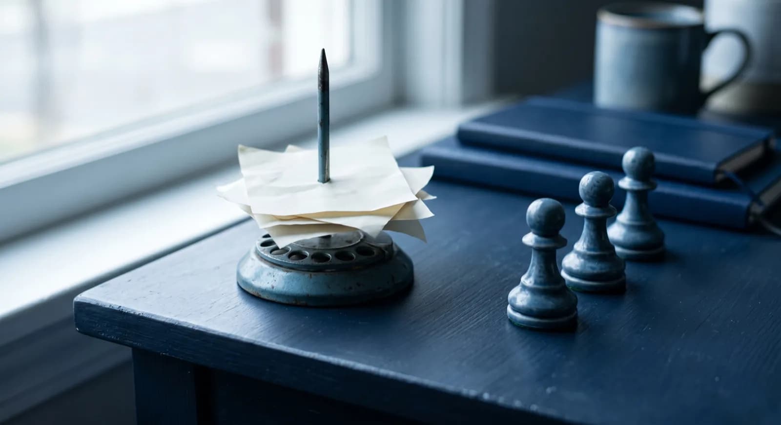 A message spike holding paper slips next to a row of chess pawns on a desk