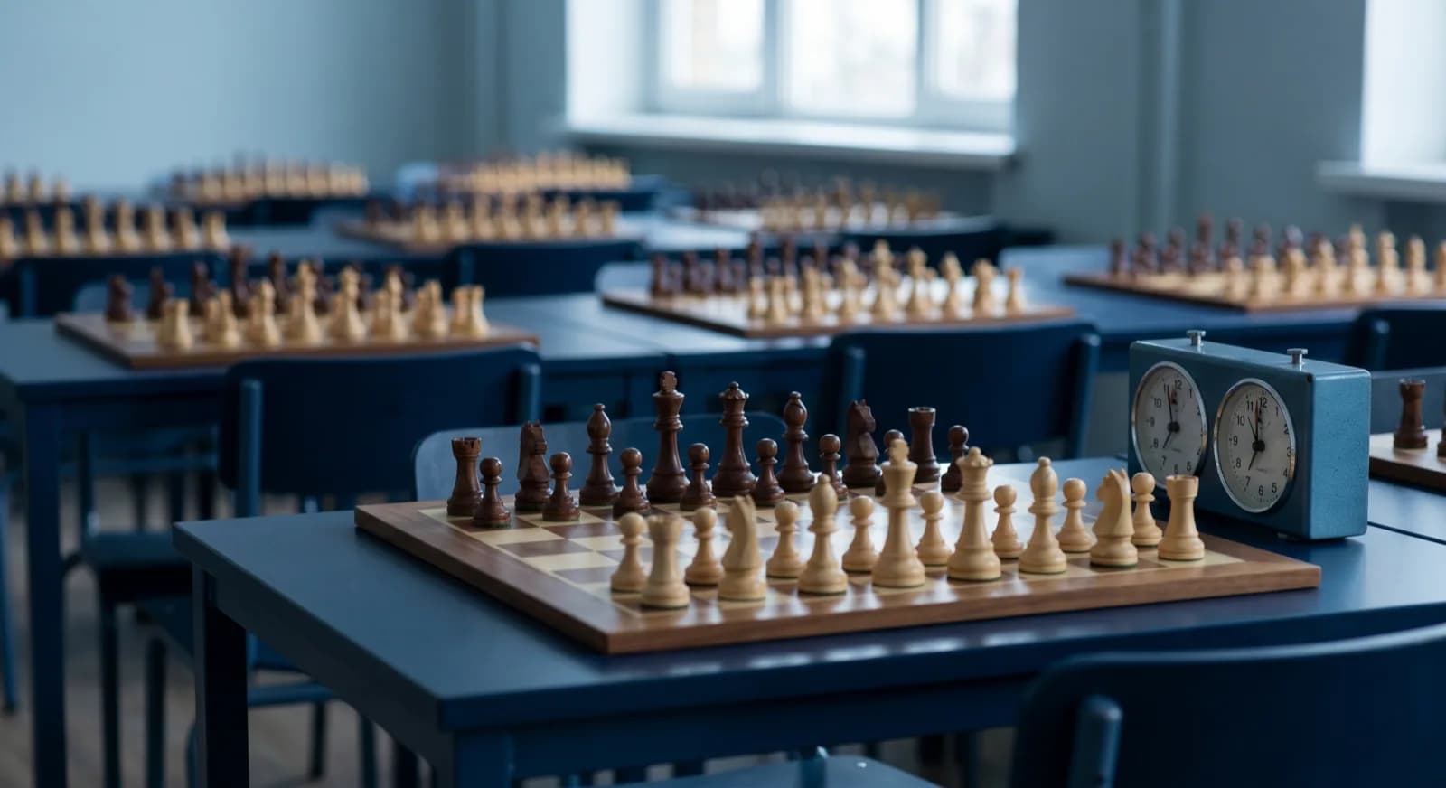 A chess board beside a notebook of figures for an academy business plan