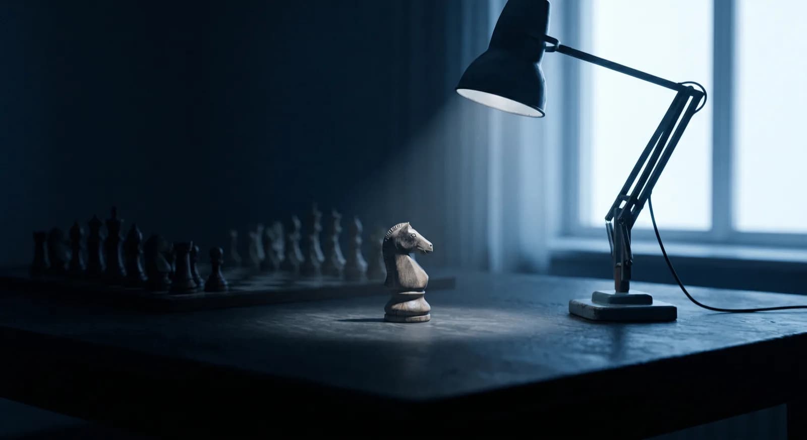 A glassy chess pawn beside brightly coloured wooden pieces under soft studio light