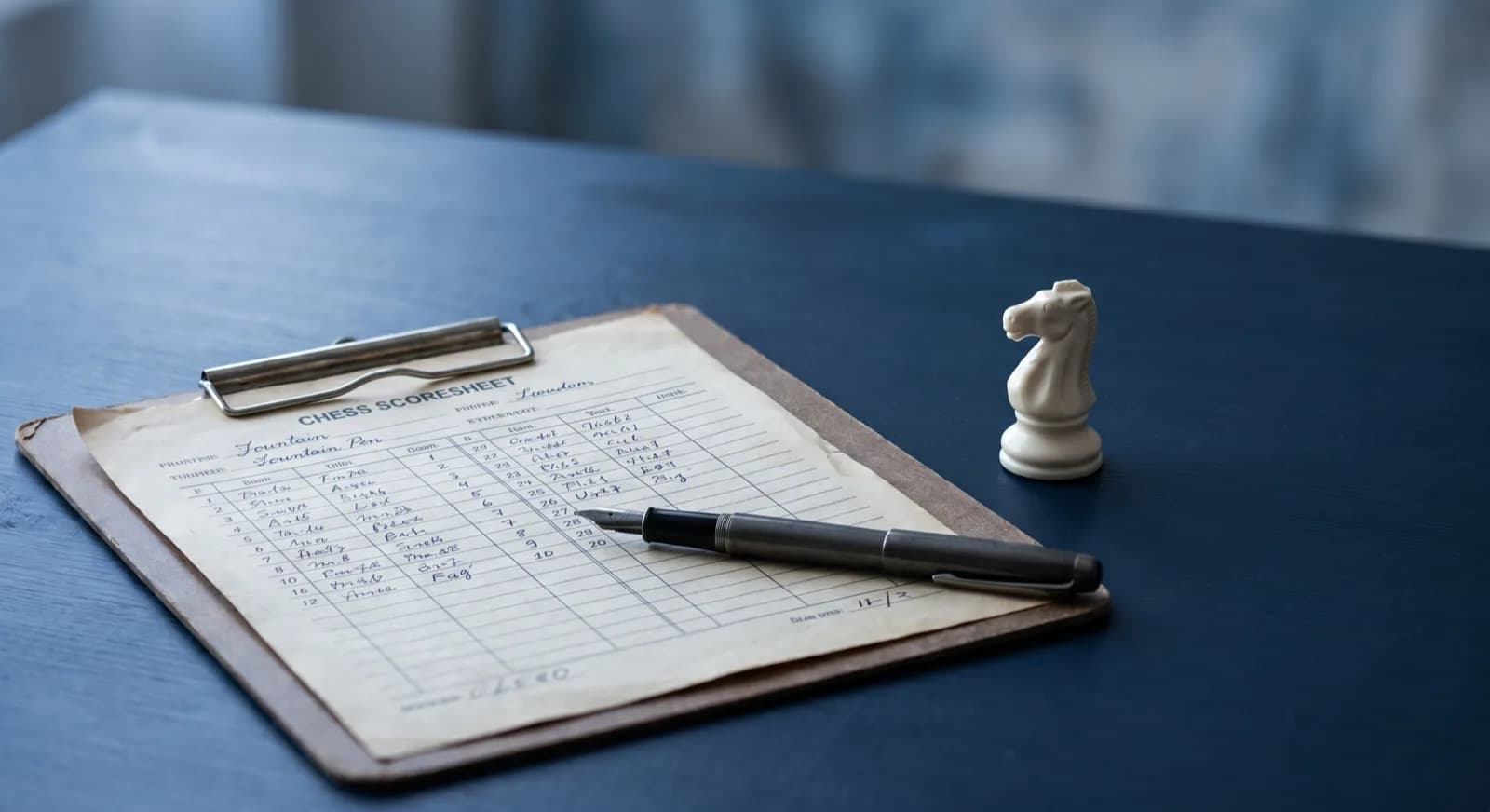 A glass chess pawn and knight beside a teacher's lesson notebook under soft studio light