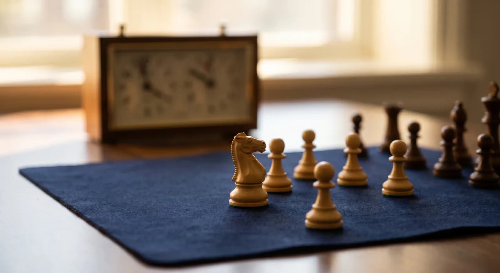 A wooden knight and pawns on a navy felt mat in front of an analog chess clock, lit by window light